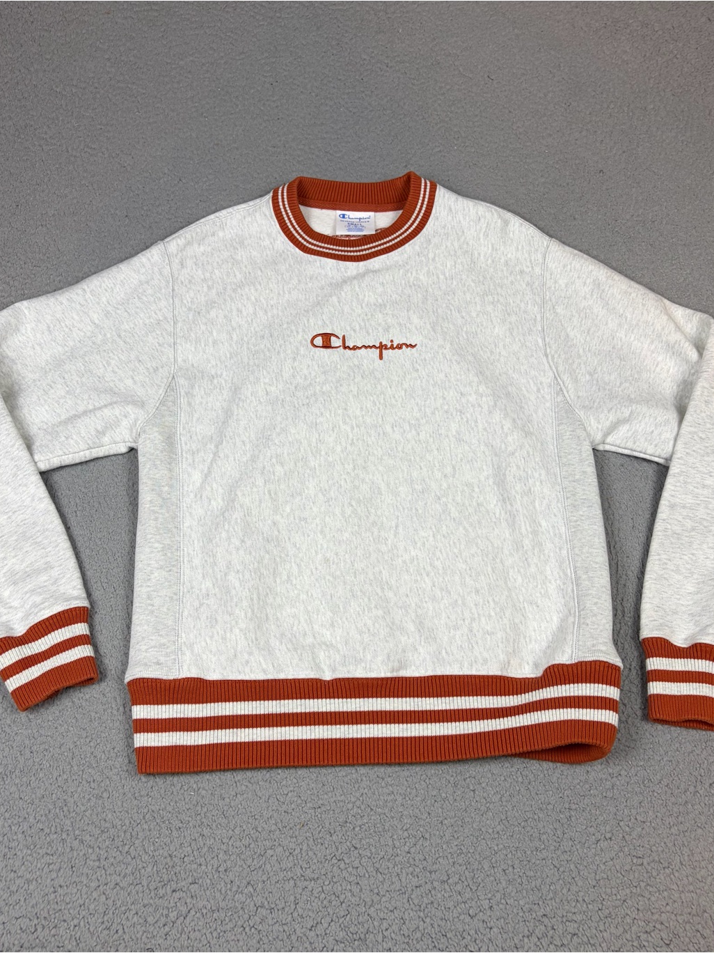 Champion Reverse Weave Sweatshirt White Striped Rib Orange Center Logo Indonesia
